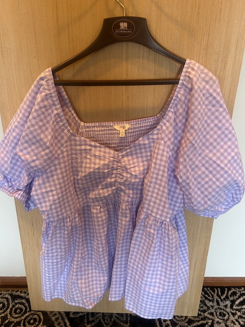 Terra & Sky Lavender Gingham Peplum Puff-Sleeve Tunic